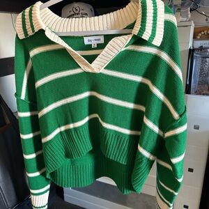 Day + Moon Green and Cream Striped Women's Sweater